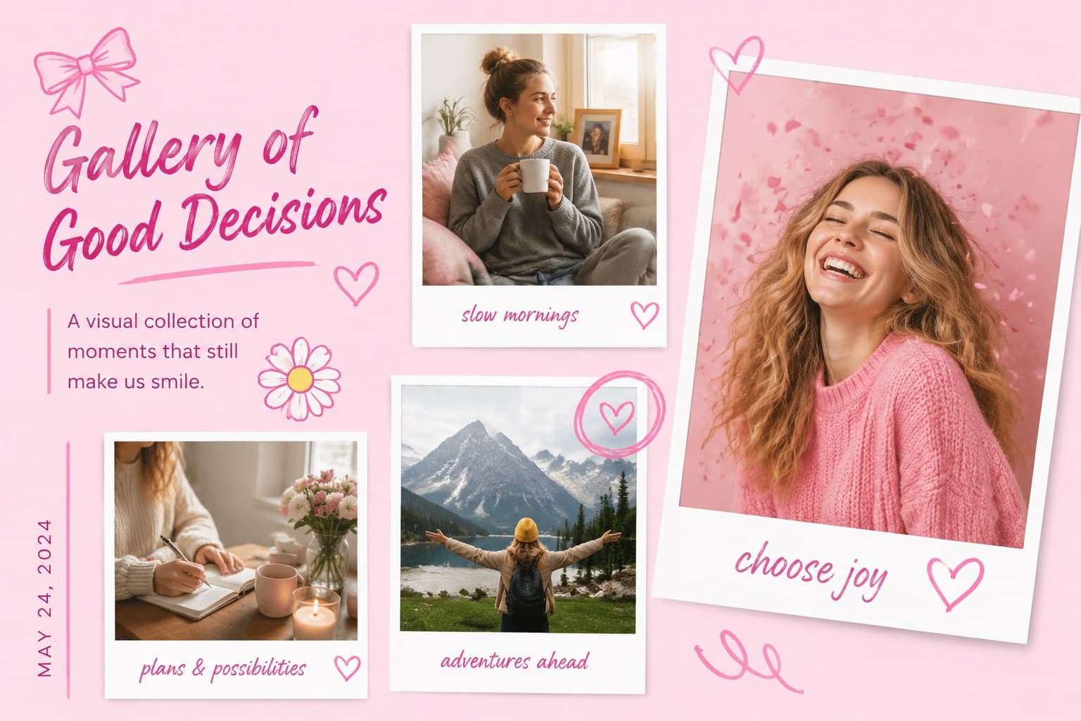Digital scrapbook presentation page with a four-photo grid, handwritten captions, and pastel pink tape.