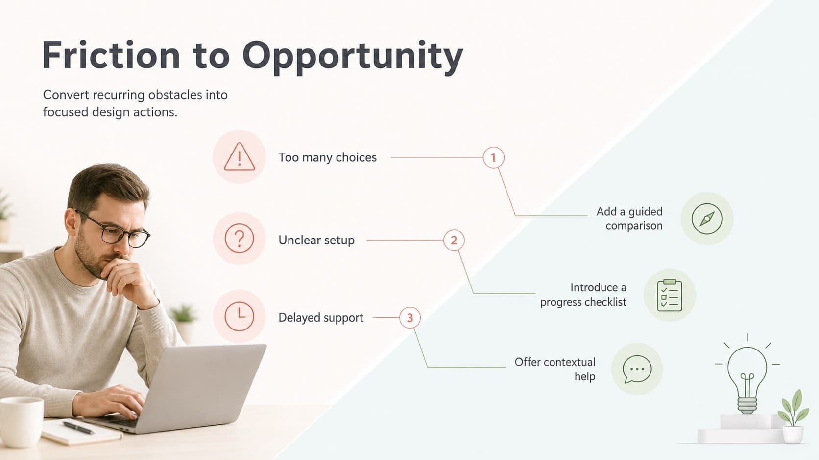 Buyer experience mapping slide pairing customer pain points with practical improvement opportunities.