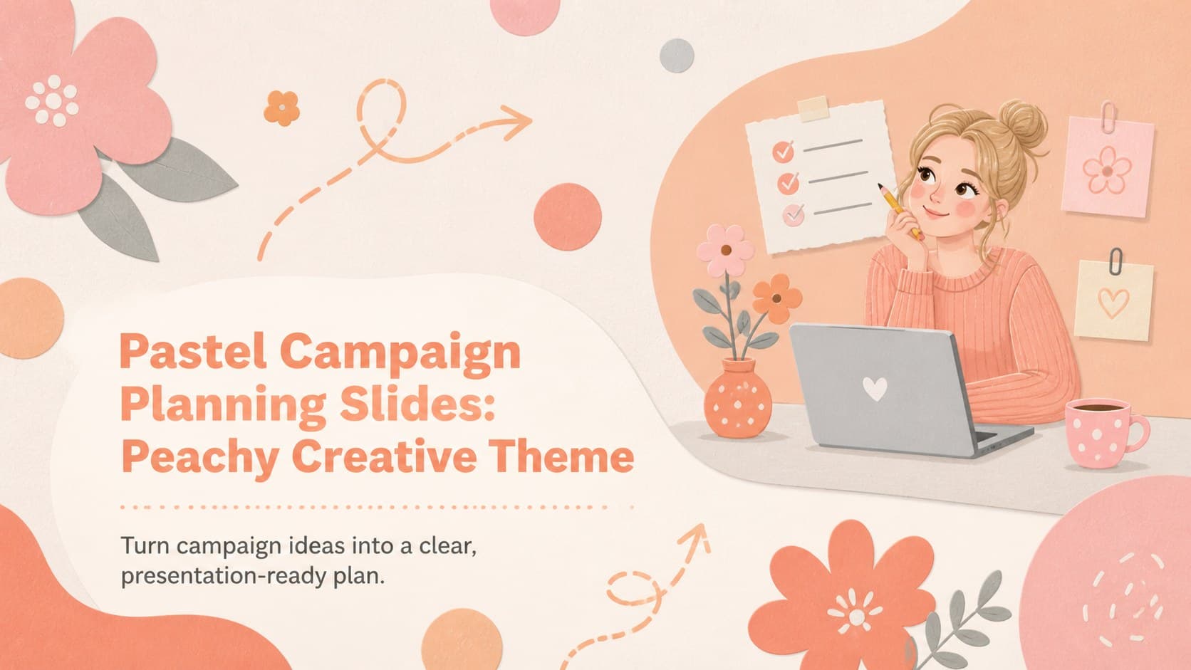 Cover for pastel campaign planning slides with peach and pink geometric illustrations and a creative marketing subtitle.