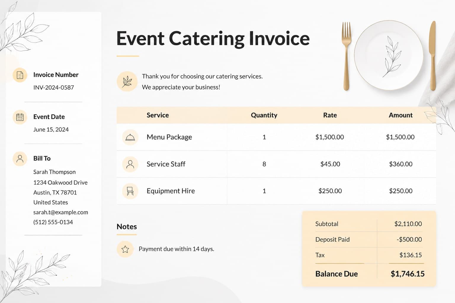 Editable catering invoice slide showing client information, event services, itemized rates, taxes, and payment totals.