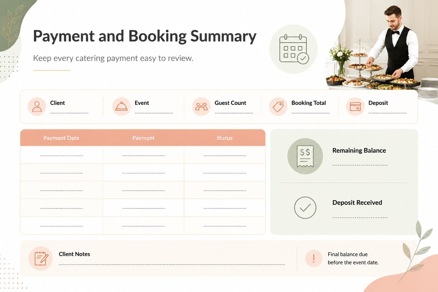 Catering payment tracker slide with booking summary, deposit status, balance due, and client notes in a pastel layout.