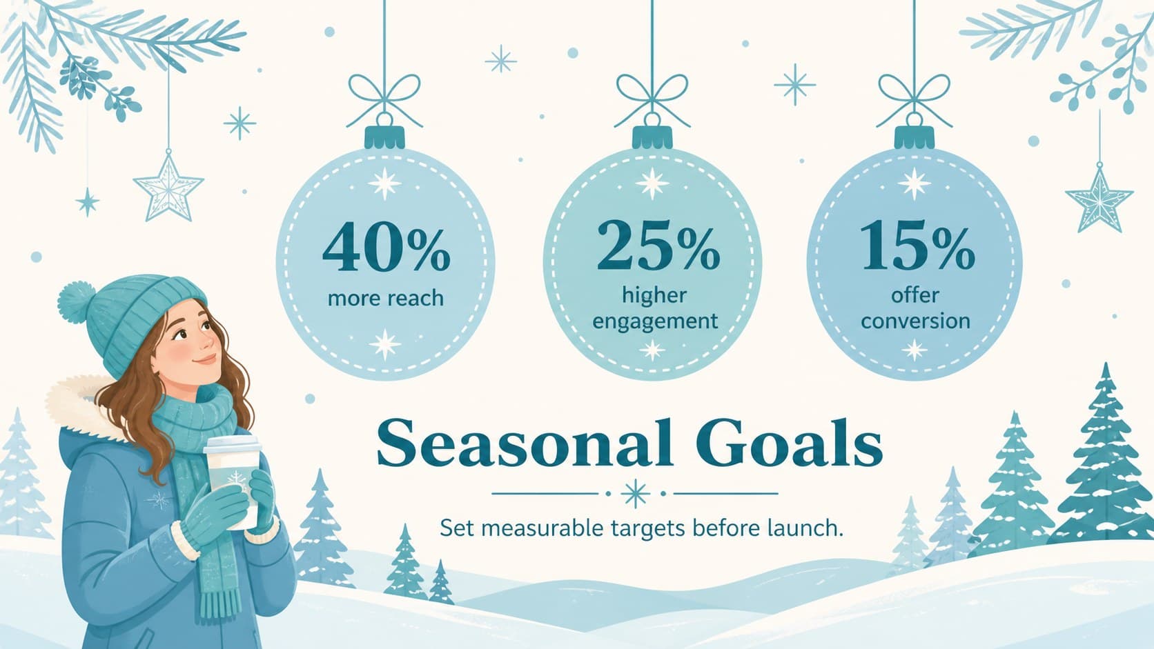 Christmas marketing goals slide with three measurable targets in ornament-shaped frames.