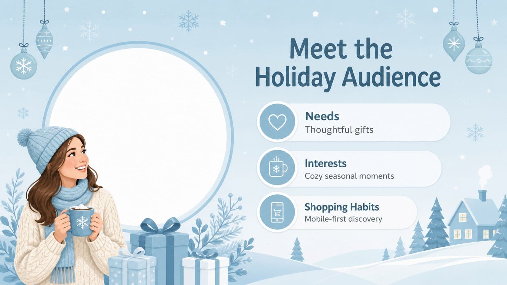 Holiday audience profile slide showing needs, interests, and shopping habits in a pastel winter layout.