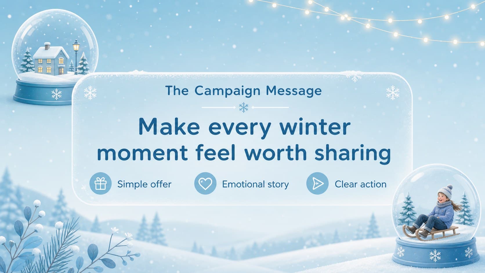 Festive campaign message slide with a central value proposition and supporting proof points.