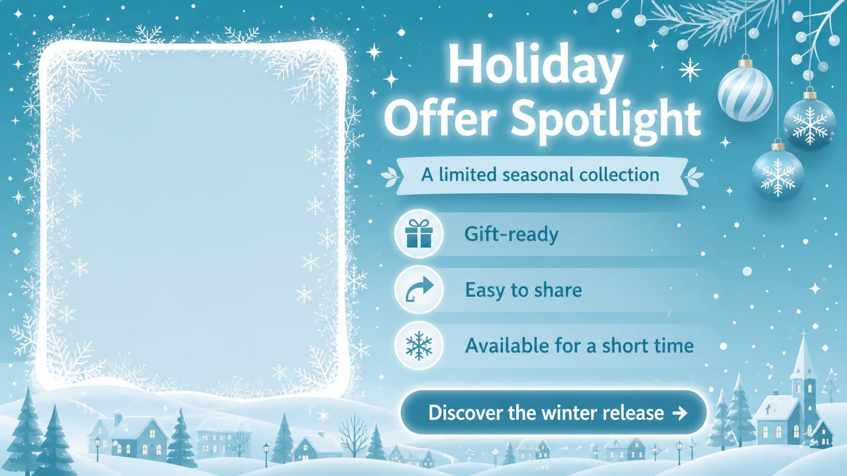 Winter product launch slide with a featured offer, supporting benefits, and festive call to action.