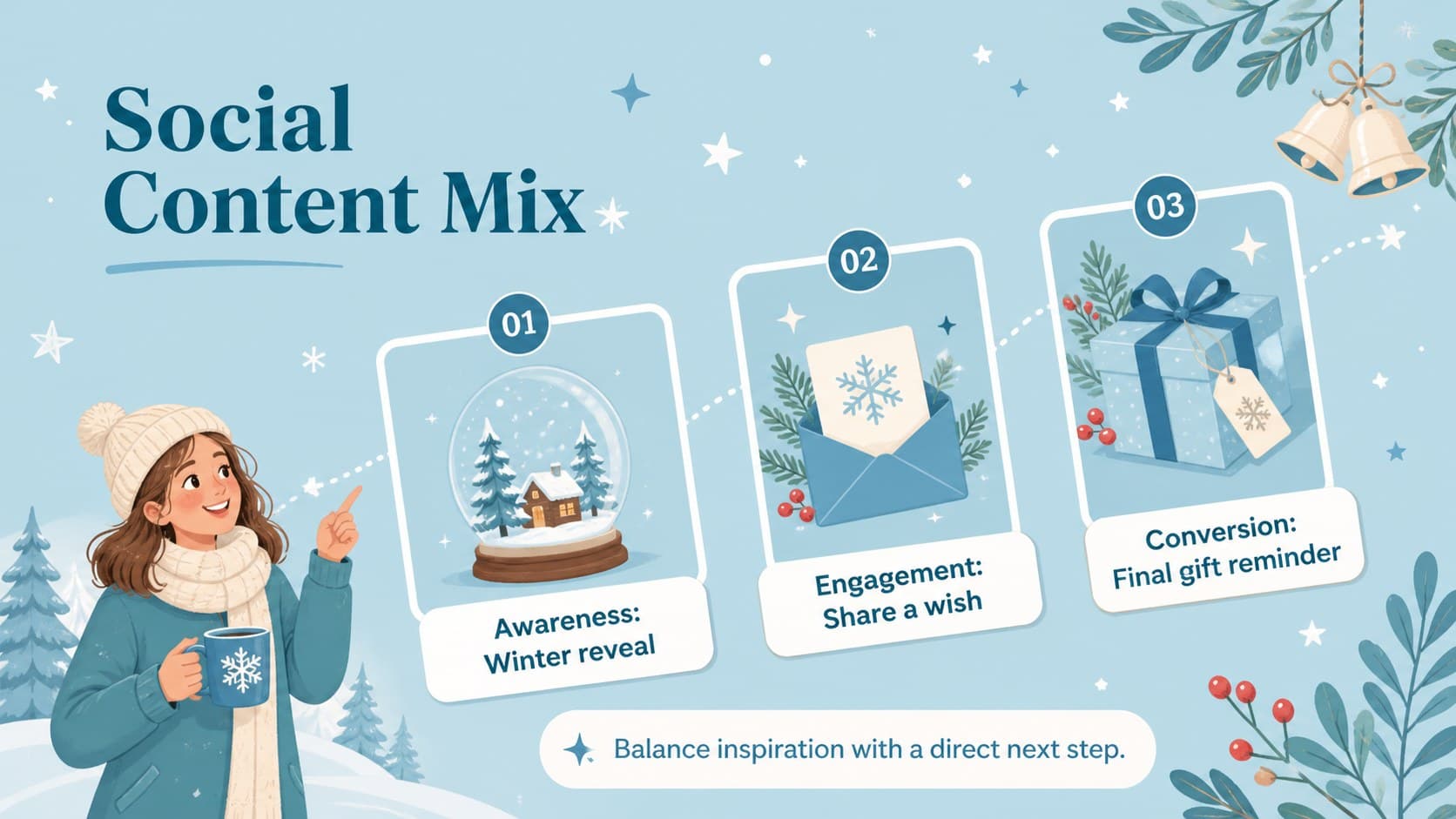 Christmas social media planning slide with post ideas for awareness, engagement, and conversion.