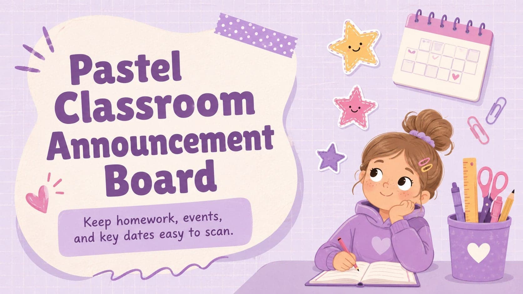 Pastel classroom announcement board cover with playful purple school illustrations and a weekly update subtitle.