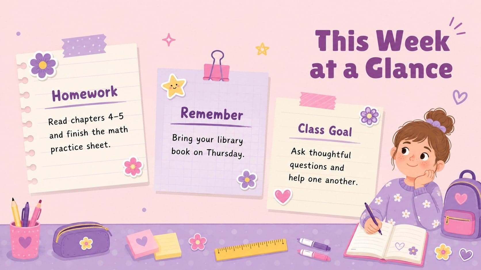 Editable weekly classroom announcements slide with separate homework, reminders, and class goal sections.
