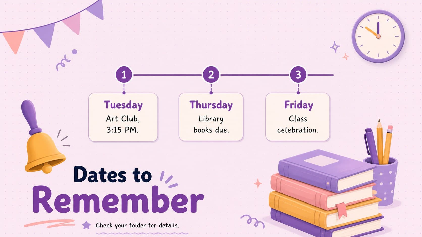 Purple classroom notice board slide listing upcoming school events and important dates in a playful calendar layout.