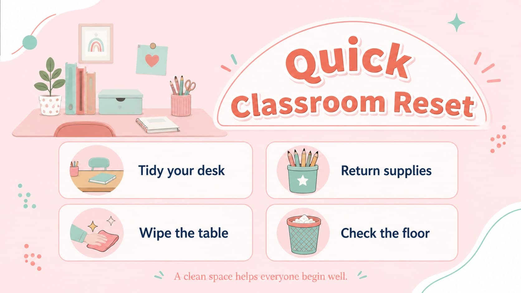 Editable classroom cleaning poster with a pastel pink checklist for desks, supplies, and rubbish.