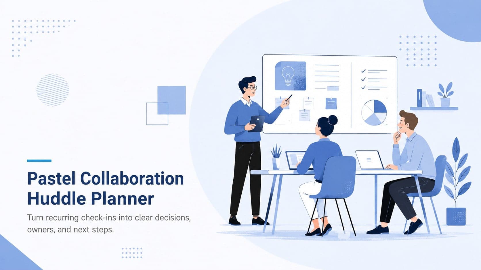 Cover of the Pastel Collaboration Huddle Planner with blue business illustrations and a concise meeting subtitle.
