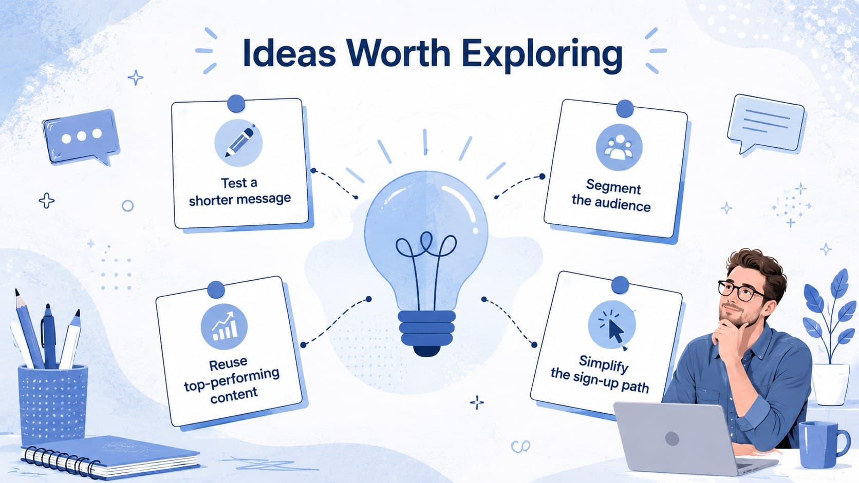 Pastel collaboration brainstorming slide with four practical campaign improvement ideas.