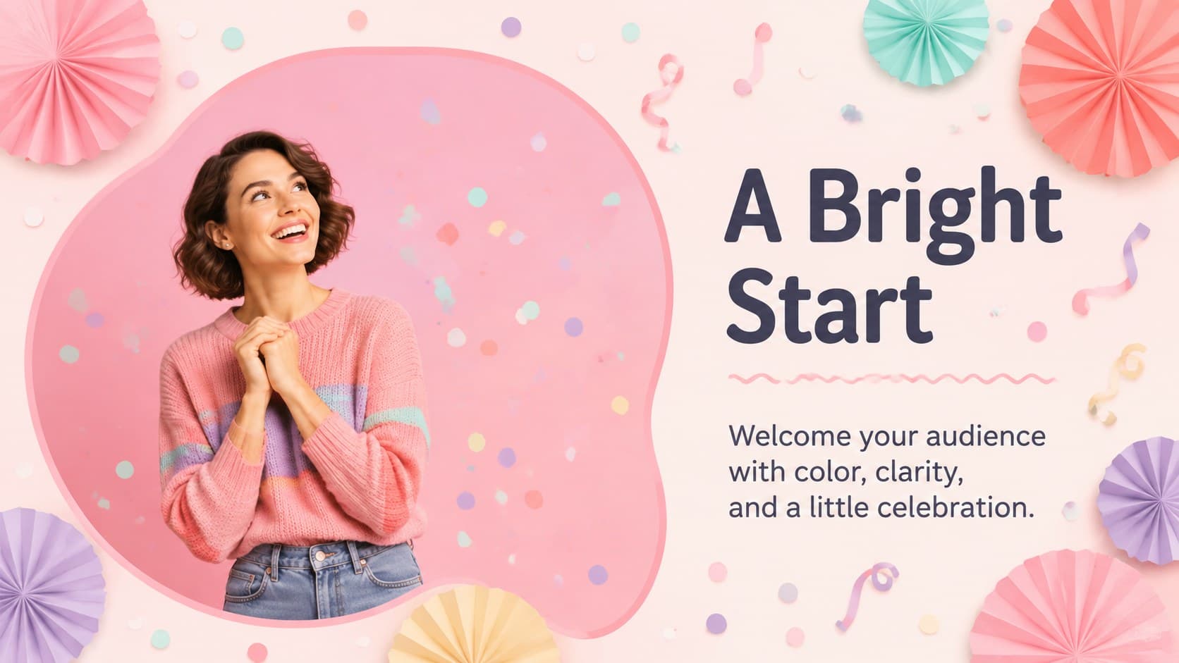 Cheerful welcome layout from a pastel confetti presentation deck with a short introduction.