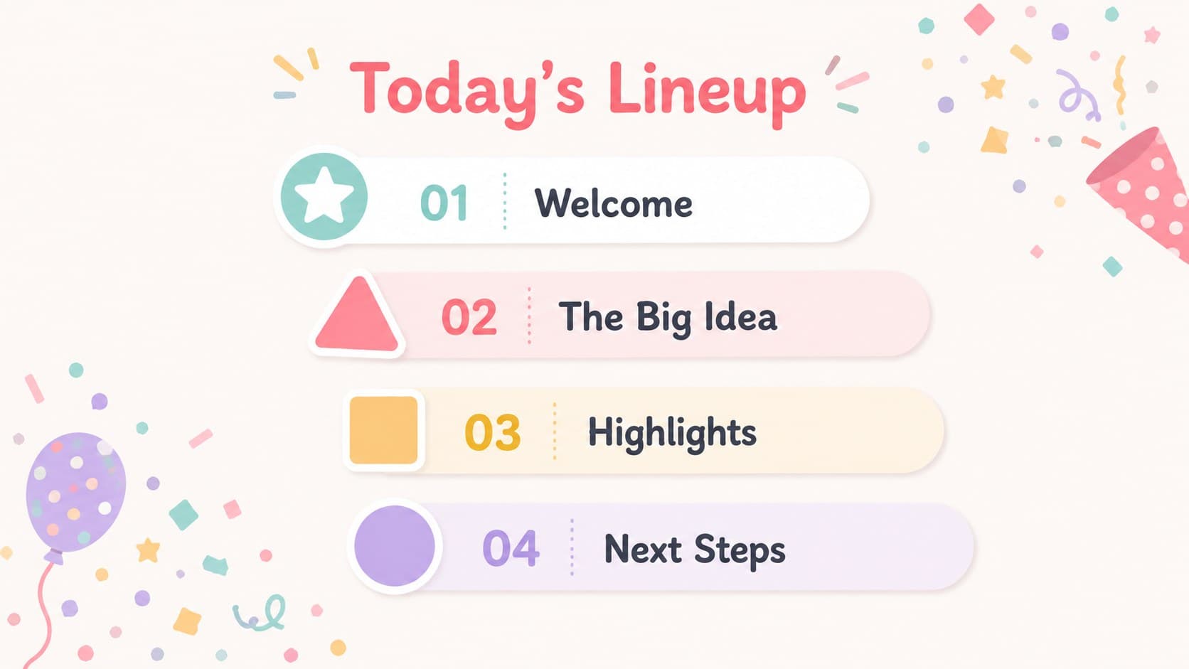 Pastel confetti agenda slide presenting four colorful sections for a celebration deck.