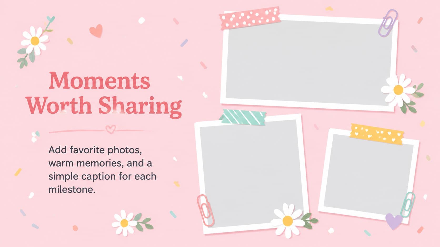 Baby shower photo slideshow layout with three image spaces and soft pastel decorations.