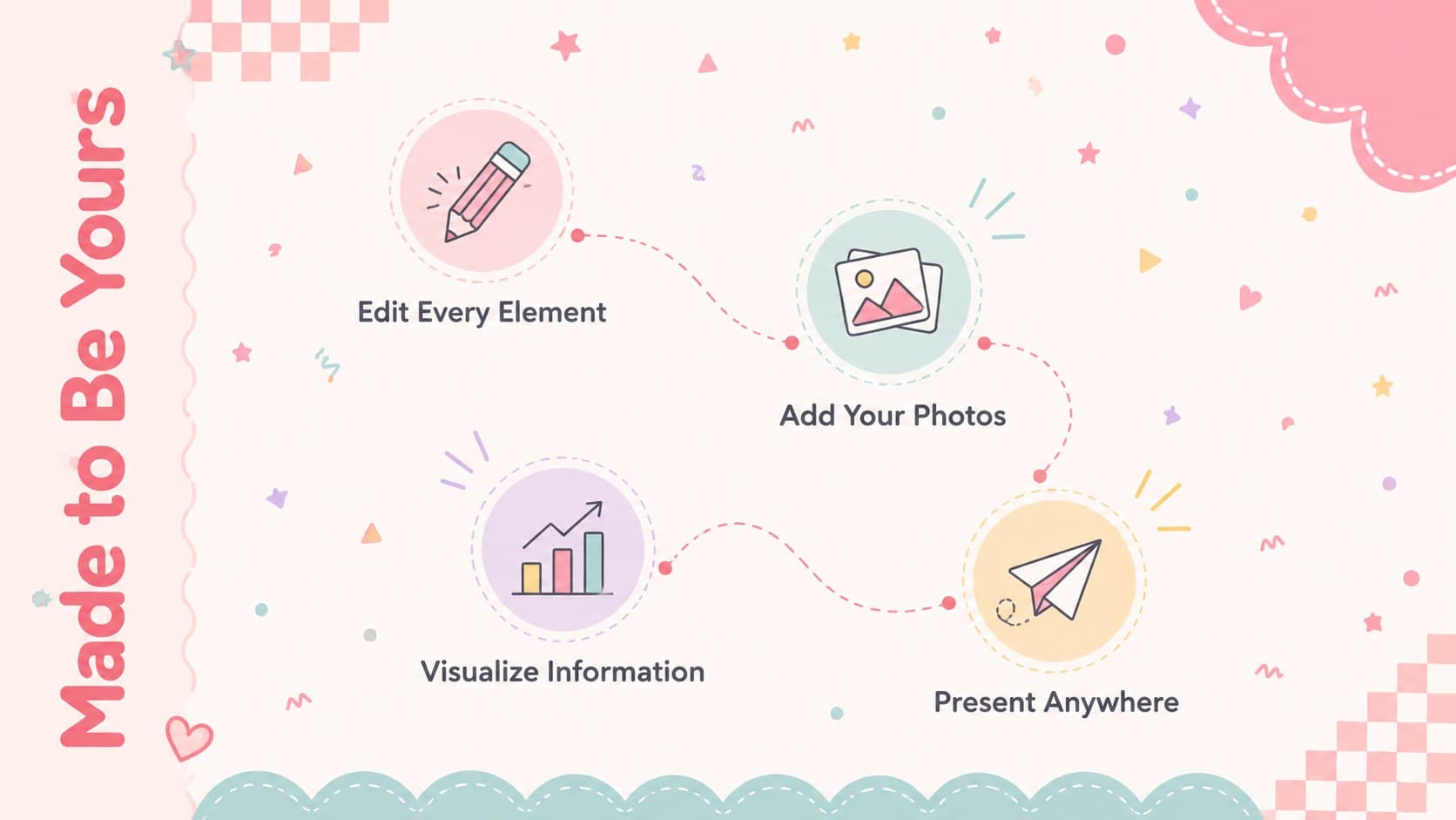 Playful classroom presentation theme slide with four illustrated feature icons.