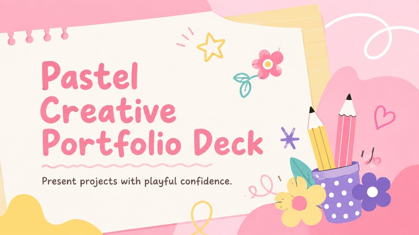 Cover of a pastel creative portfolio deck with pink and yellow doodles framing a bold central title.