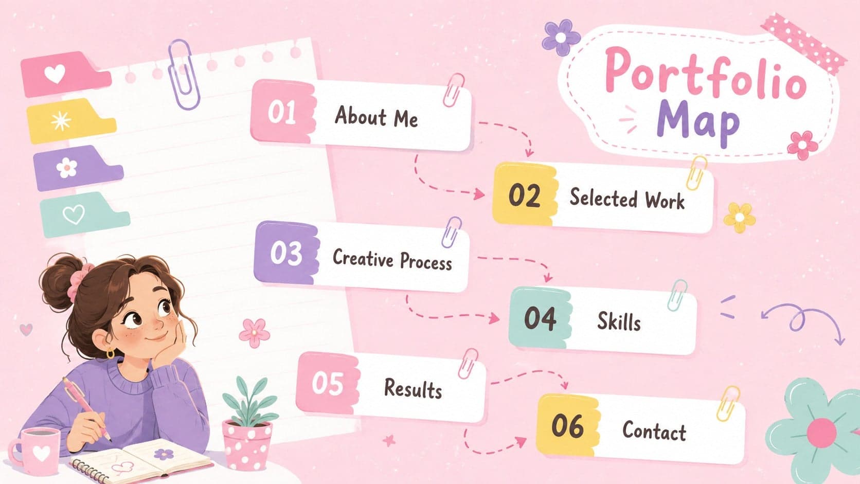 Playful student portfolio presentation contents page with six project sections and pastel illustrated accents.