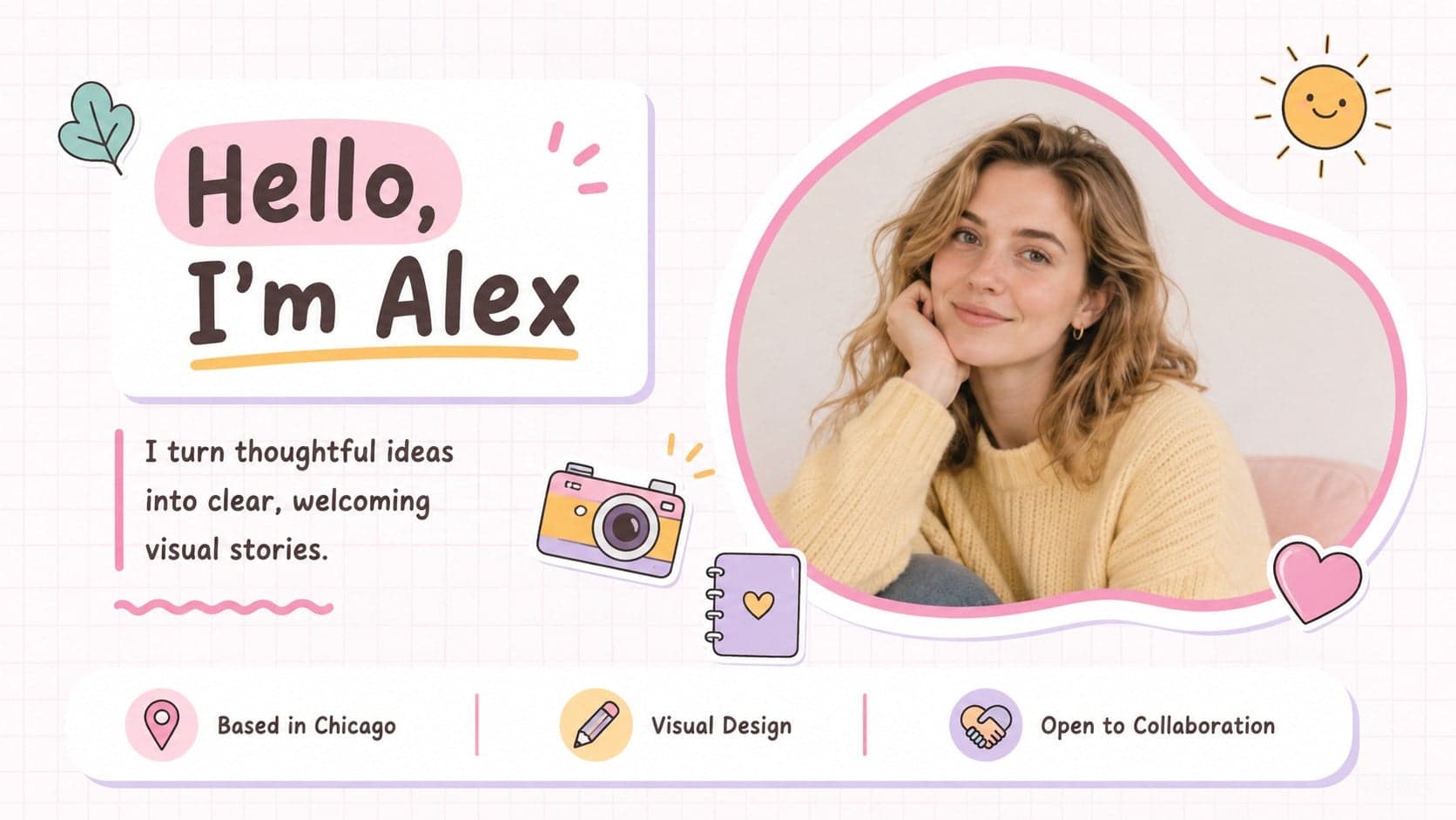 Pastel personal profile slide featuring a portrait placeholder, short biography, interests, and contact details.