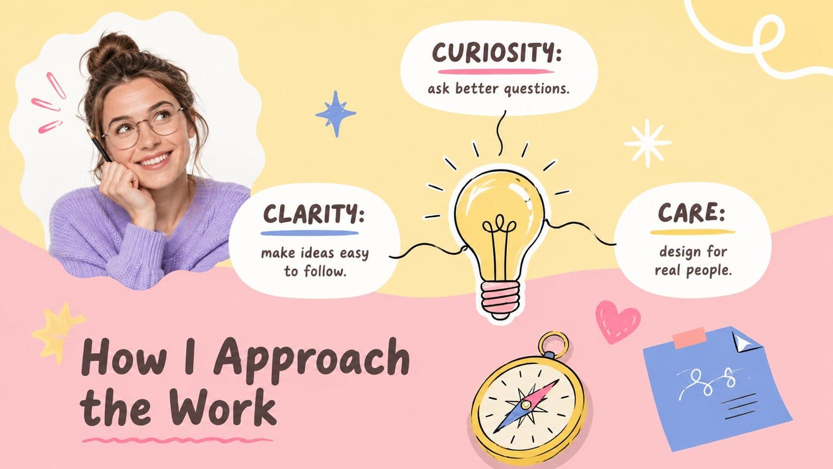 Illustrated personal portfolio presentation slide outlining creativity, clarity, and care as guiding principles.