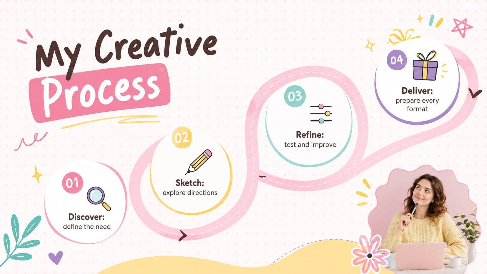 Hand-drawn creative portfolio template process page showing discover, sketch, refine, and deliver stages.