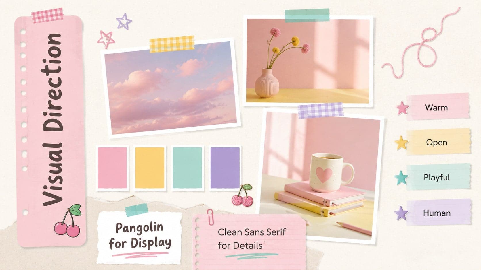 Soft pastel portfolio moodboard with photography placeholders, color swatches, typography, and texture samples.