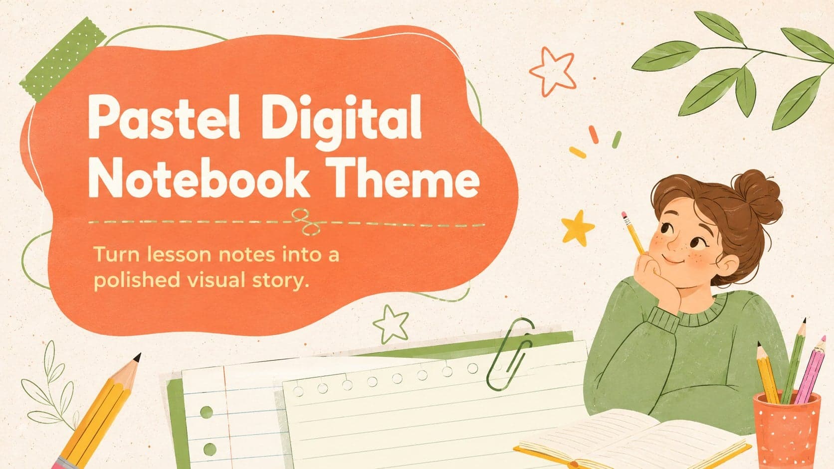 Cover of the Pastel Digital Notebook Theme with orange and green ruled-paper details and original school doodles.