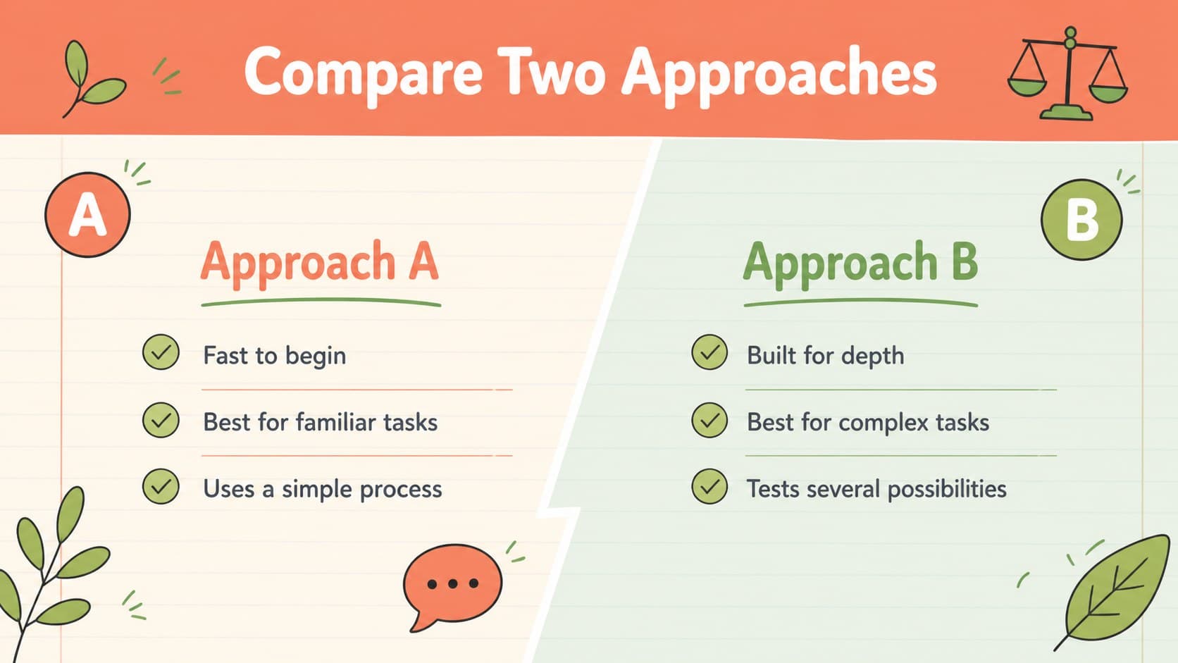 Orange and green school slide comparing two approaches with editable notebook columns.