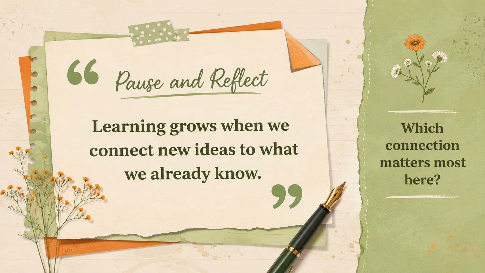 Digital notebook theme slide presenting a highlighted quotation on layered pastel paper.