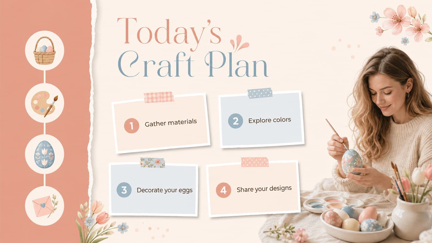 Pastel Easter craft workshop agenda with four clearly organized session stages.