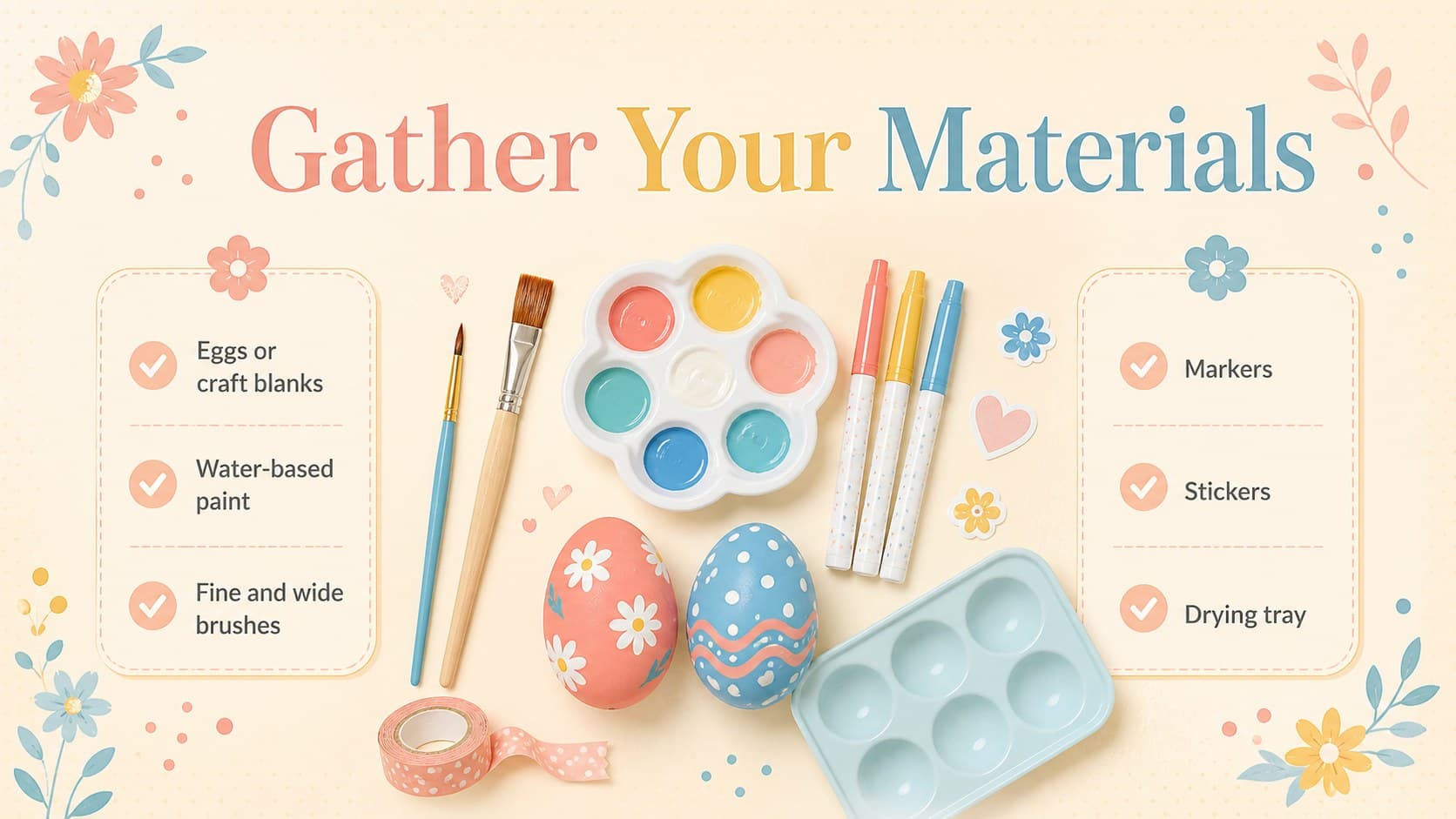 Spring craft workshop slide listing paint, eggs, brushes and decorating supplies.