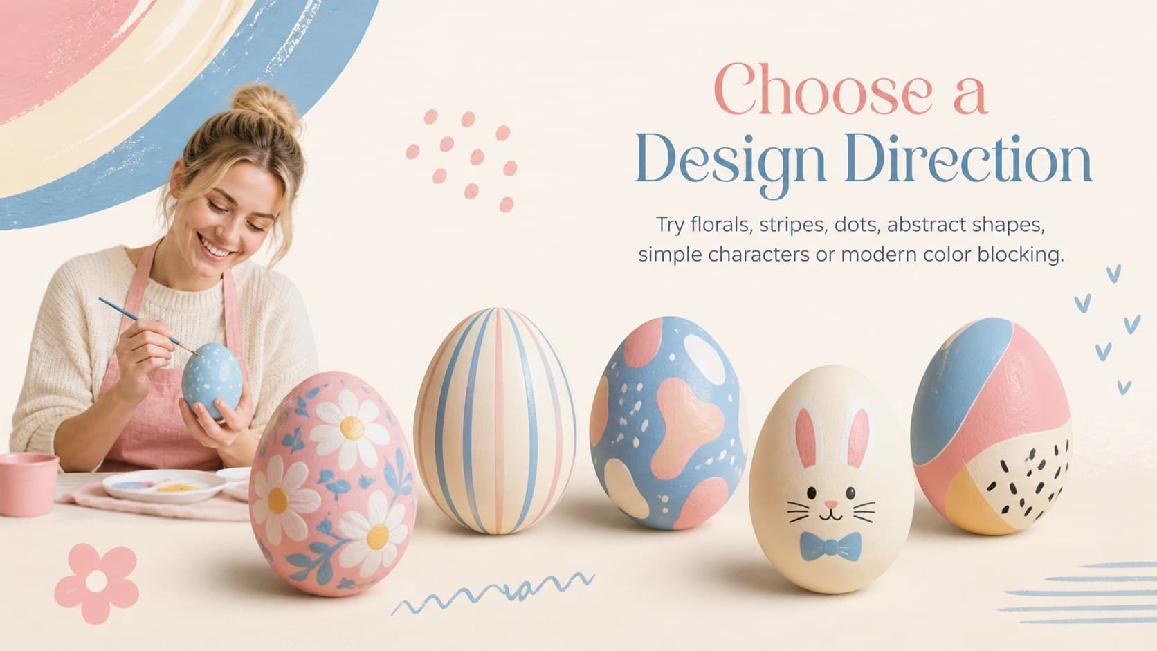 Easter egg decorating presentation showing floral, striped and geometric design inspiration.