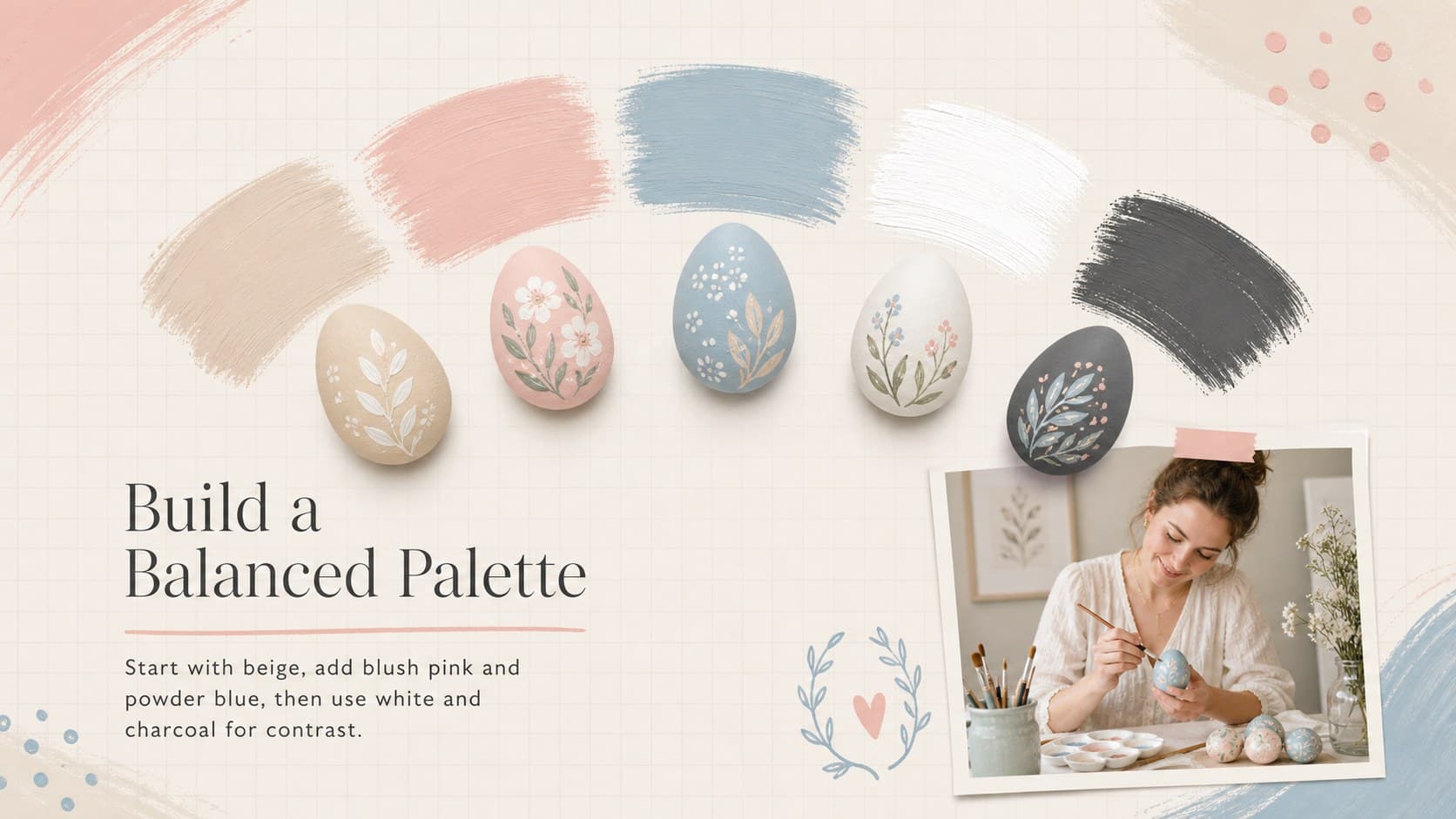 Pastel Easter egg color palette slide featuring beige, pink and blue craft combinations.