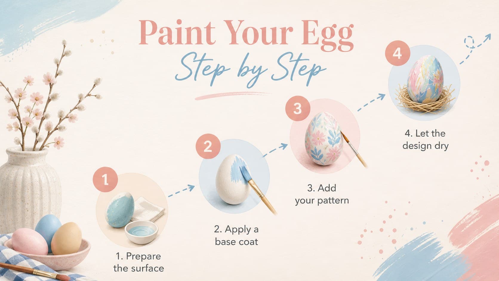 Editable Easter activity template with a four-step egg painting demonstration.