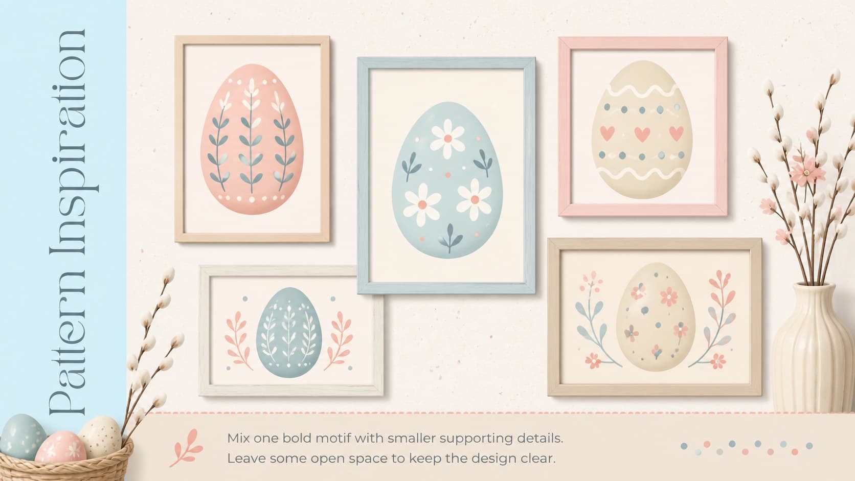 Egg painting workshop slide displaying original pattern ideas in a pastel gallery.