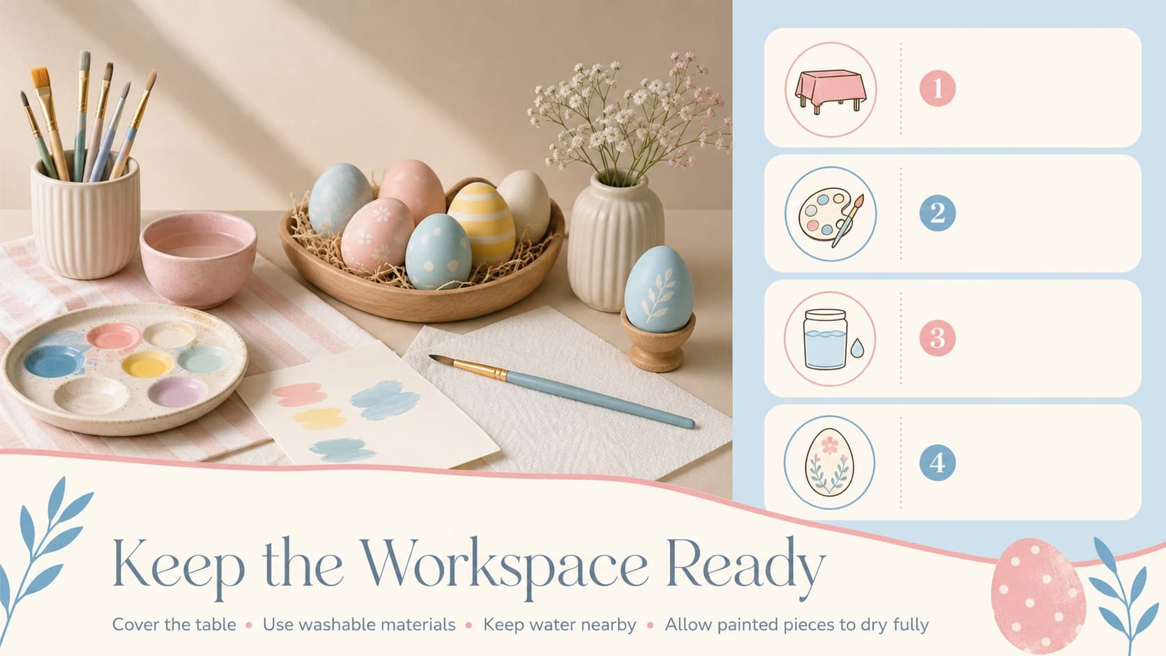 Easter craft class presentation with practical workspace and materials safety reminders.