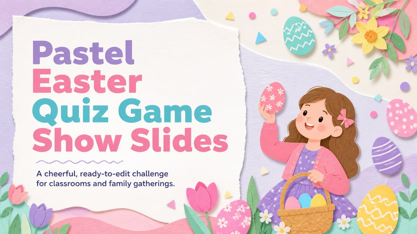Cover for Pastel Easter Quiz Game Show Slides with spring decorations and a cheerful classroom-friendly title.