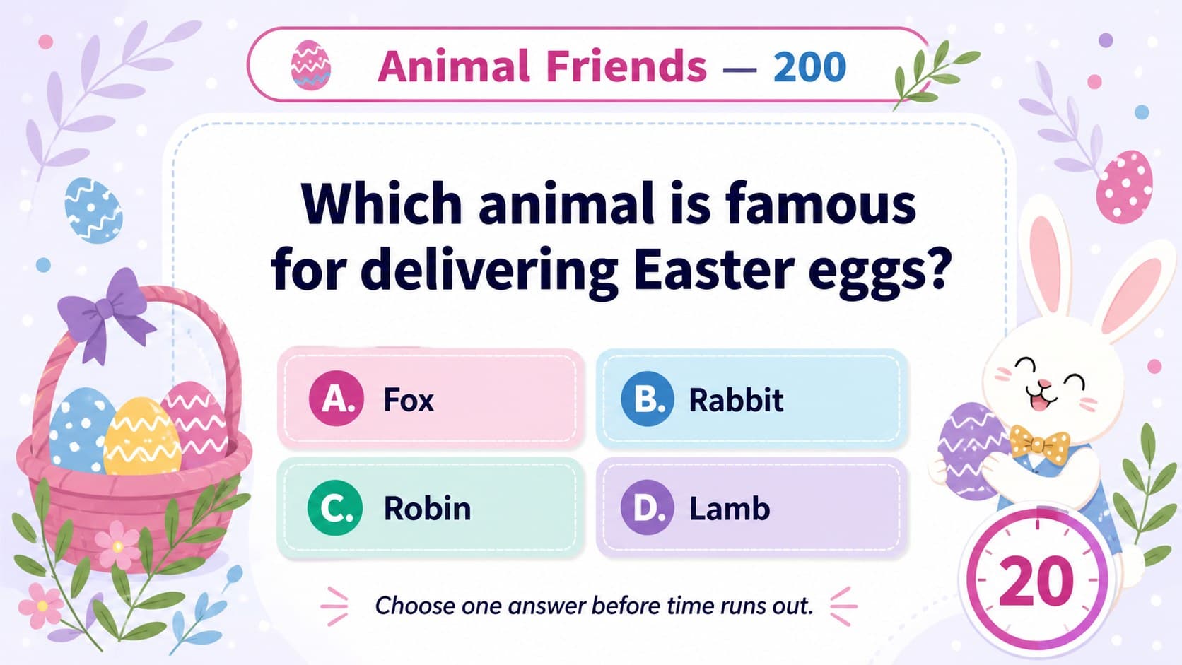 Editable Easter trivia question slide with a pastel timer, answer choices, and spring illustrations.
