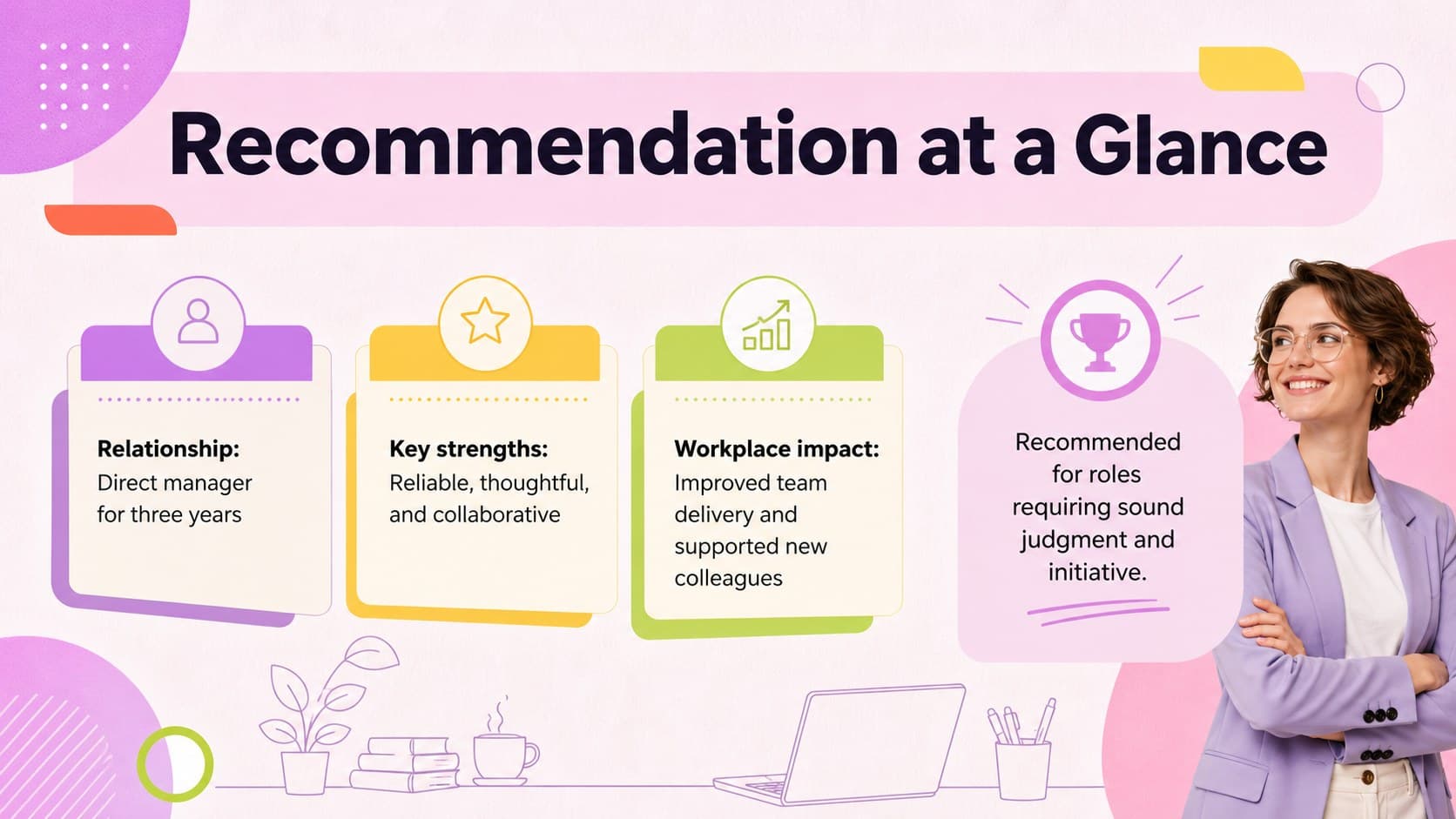 Employee recommendation letter template slide summarizing a candidate's strengths, achievements, and workplace impact.