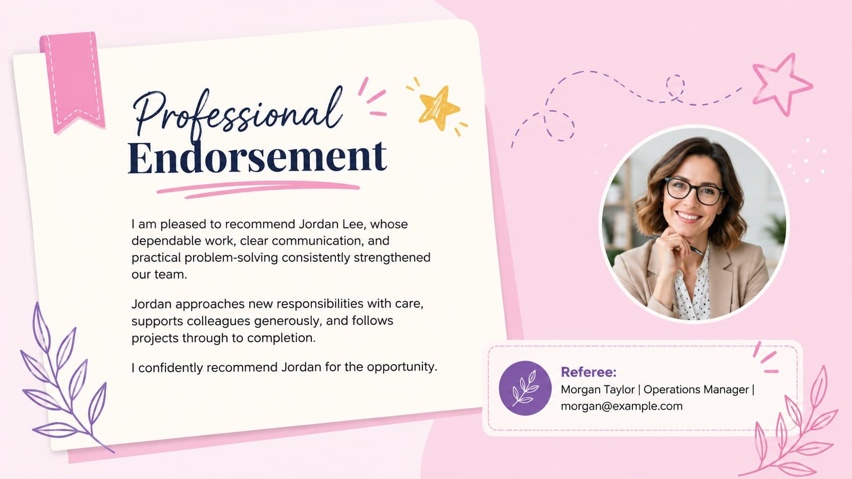 Professional endorsement letter slide with sample recommendation copy and referee contact details in a pastel layout.
