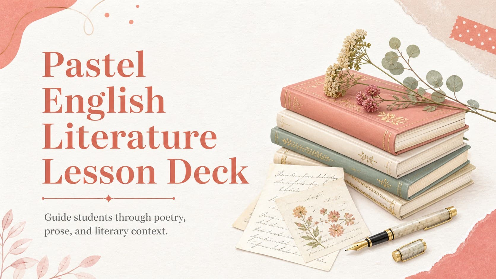 Cover of a pastel English literature lesson deck with red editorial lettering, books, and literary illustrations.