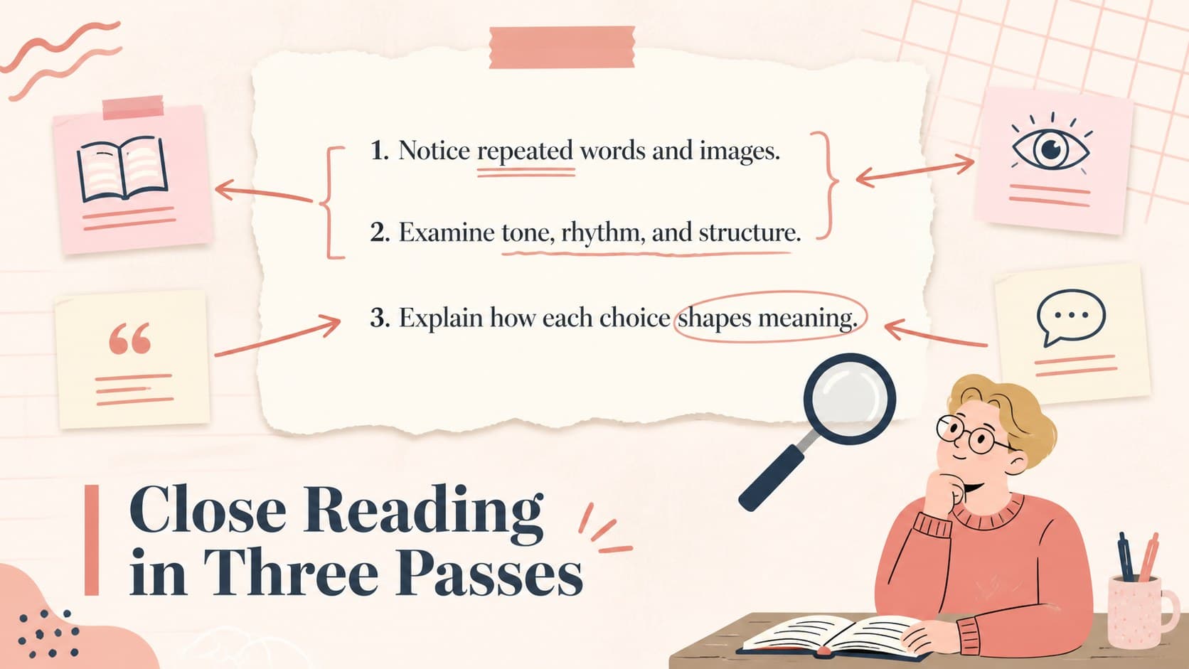 Close reading lesson slide showing a short passage with annotation prompts in a pastel classroom design.