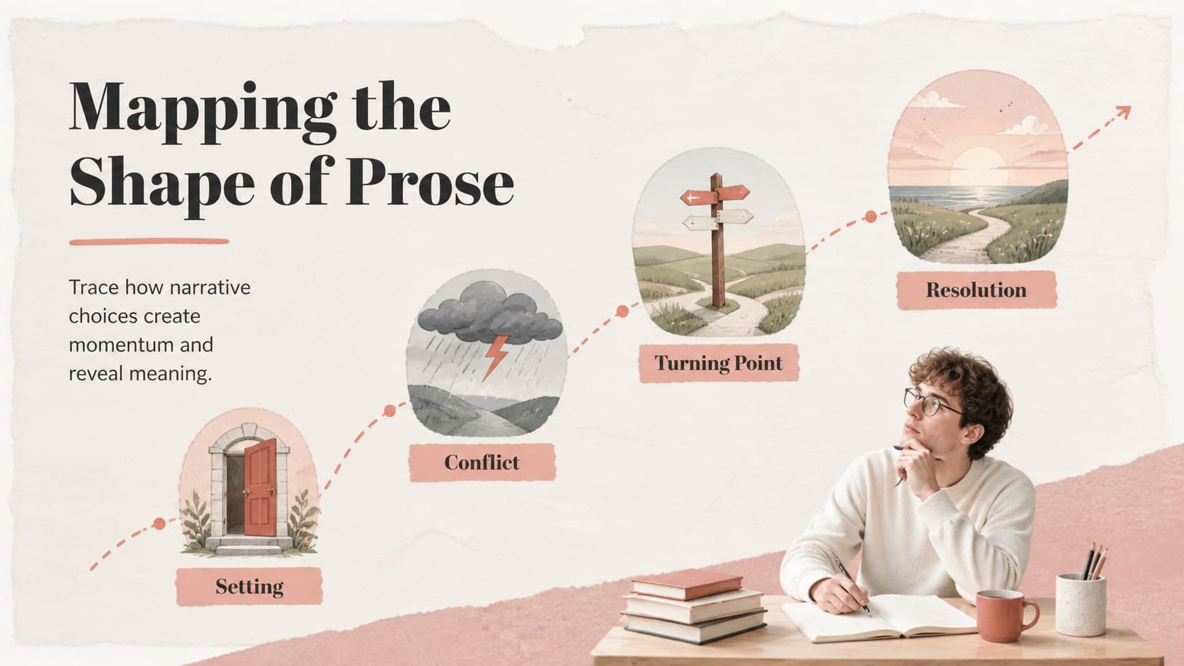 Pastel prose analysis slide mapping setting, conflict, turning point, and resolution.