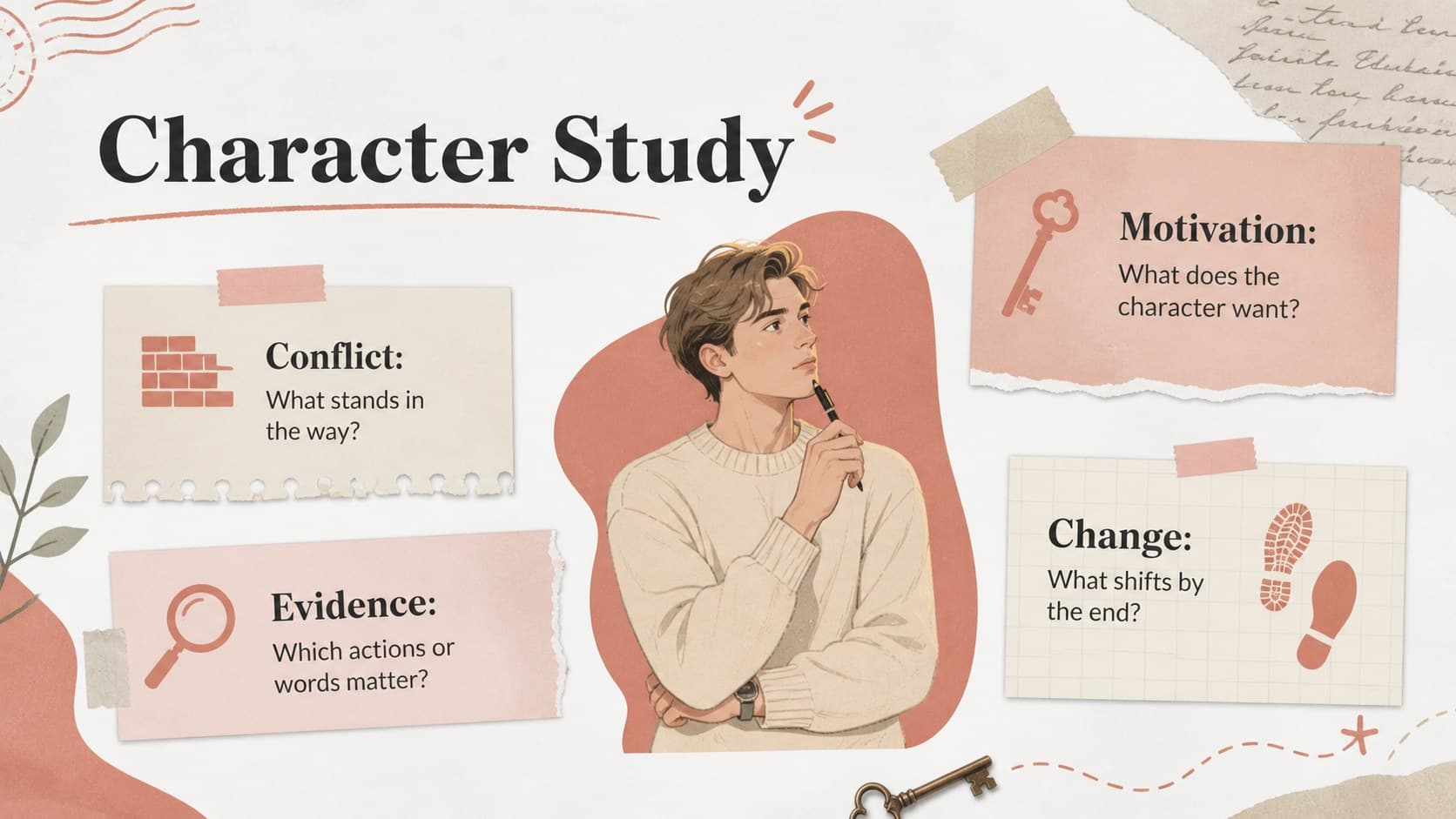 Character study slide with evidence, motivation, conflict, and change prompts for literature students.