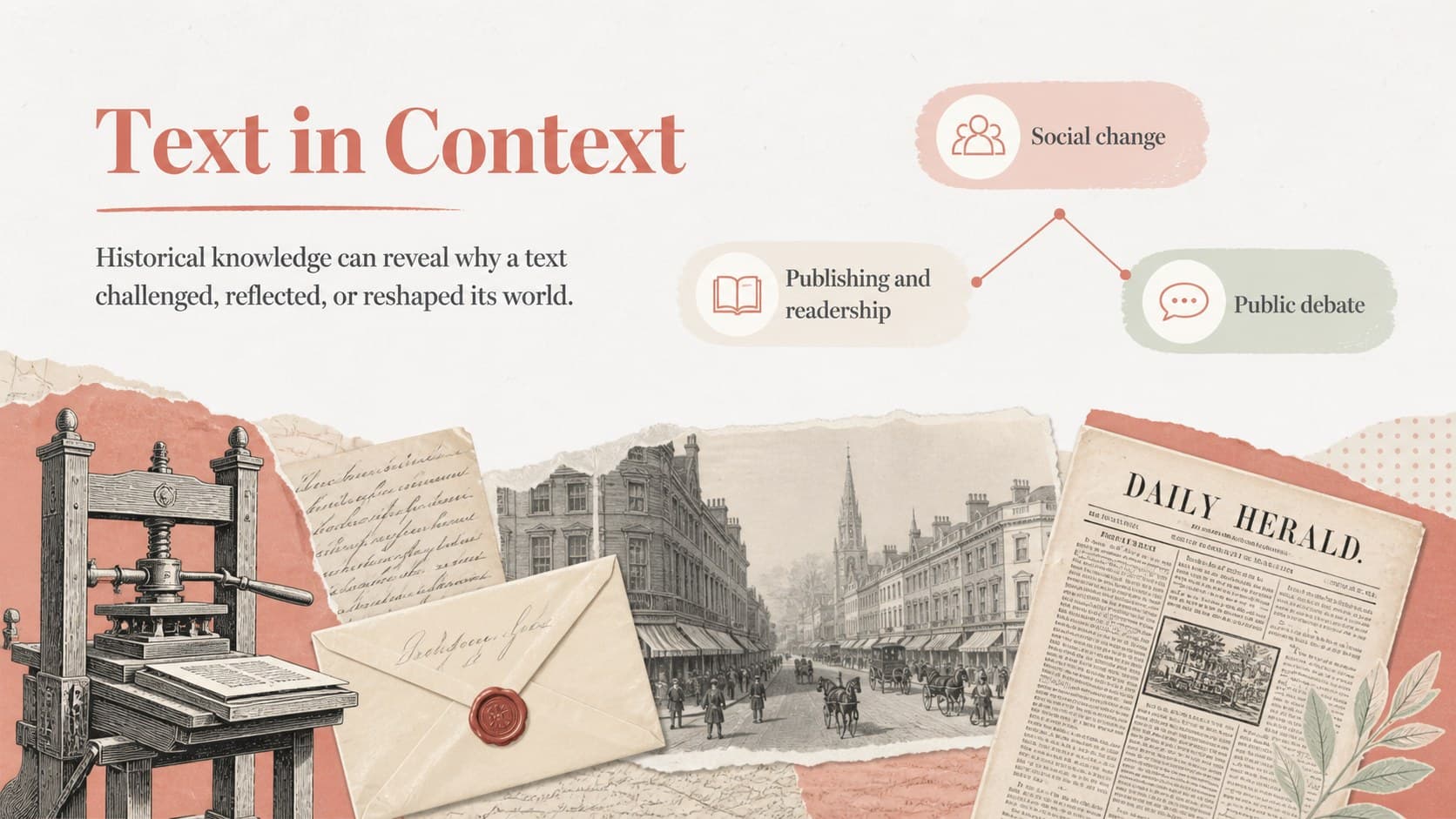 Historical context slide linking literary texts with social change, publishing, and public debate.