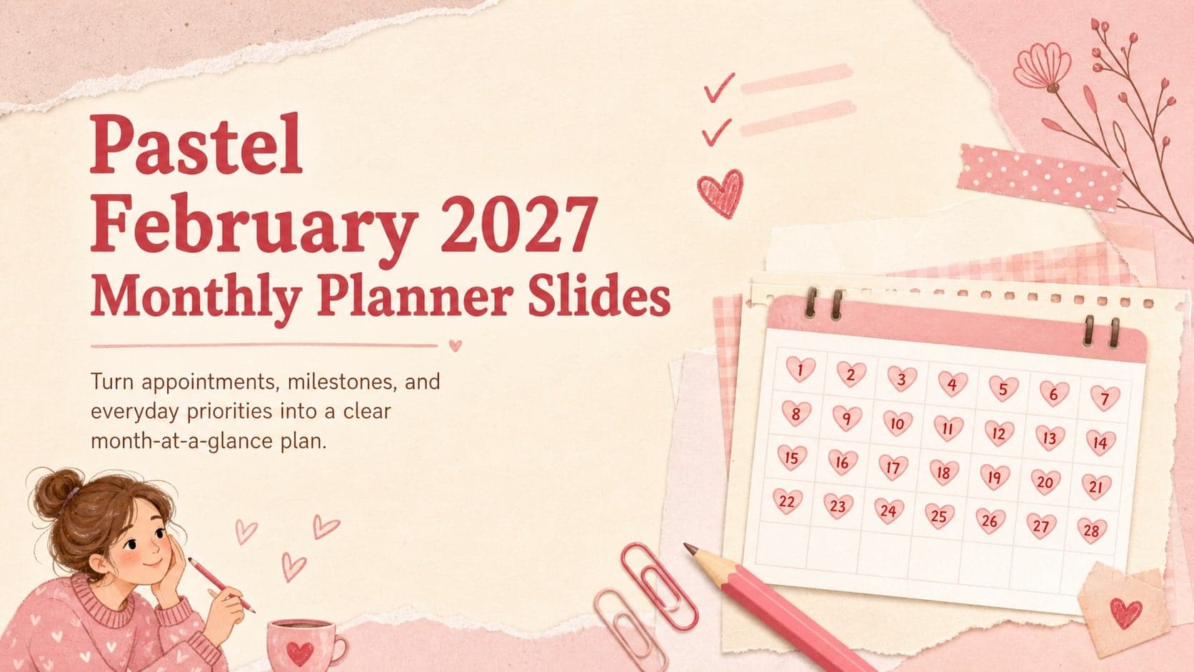 Cover for pastel February 2027 monthly planner slides with warm pink, beige, and red planning graphics.