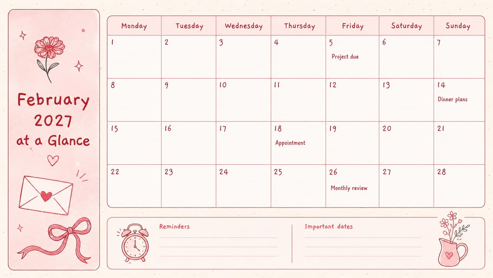 Editable February 2027 planner displaying a Monday-to-Sunday calendar with reminders and highlighted dates.