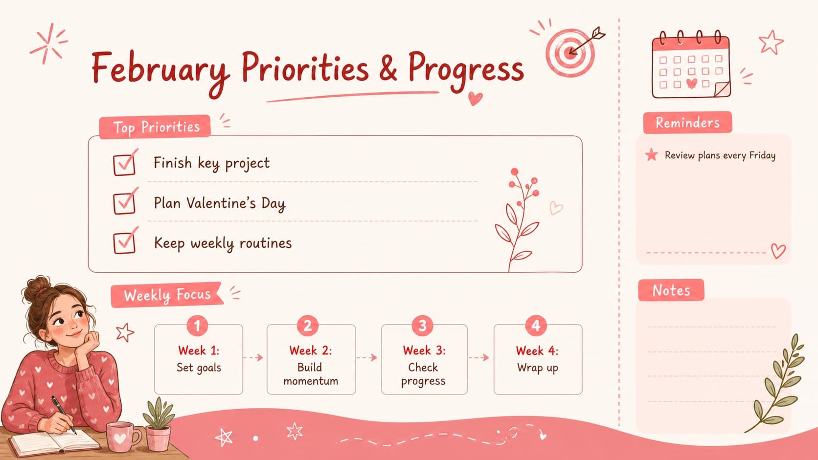 February goal tracking calendar slide with monthly priorities, weekly focus areas, reminders, and notes.