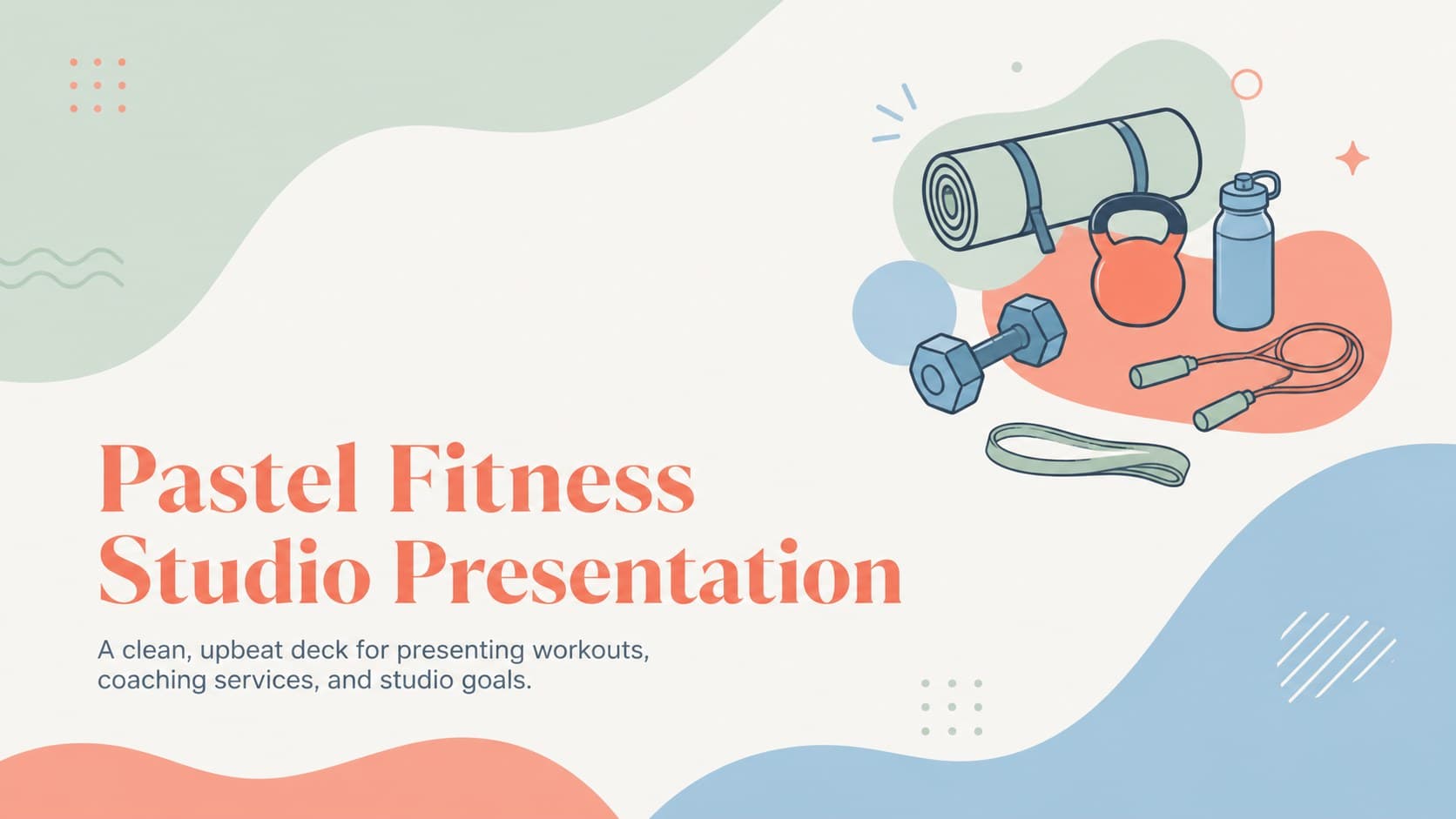 Cover of a pastel fitness studio presentation with organic exercise doodles and a clean modern title layout.