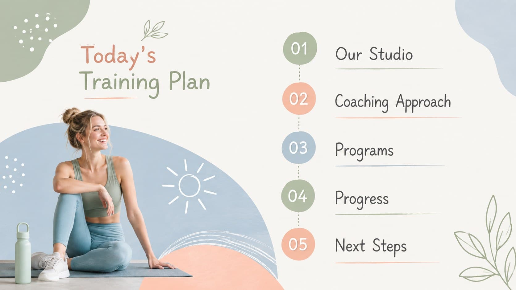 Pastel fitness presentation template agenda with five organized sections and playful organic doodles.